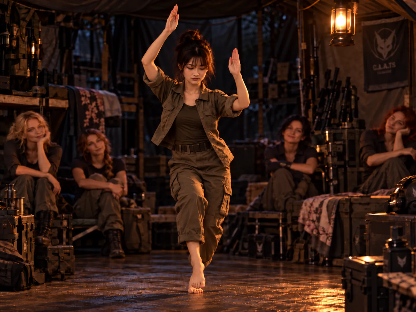 Miyaka Kusugi performs a quiet Awa Odori dance barefoot beneath a lantern inside a dim C.A.A.T. field barracks, while her squad watches from the shadows.